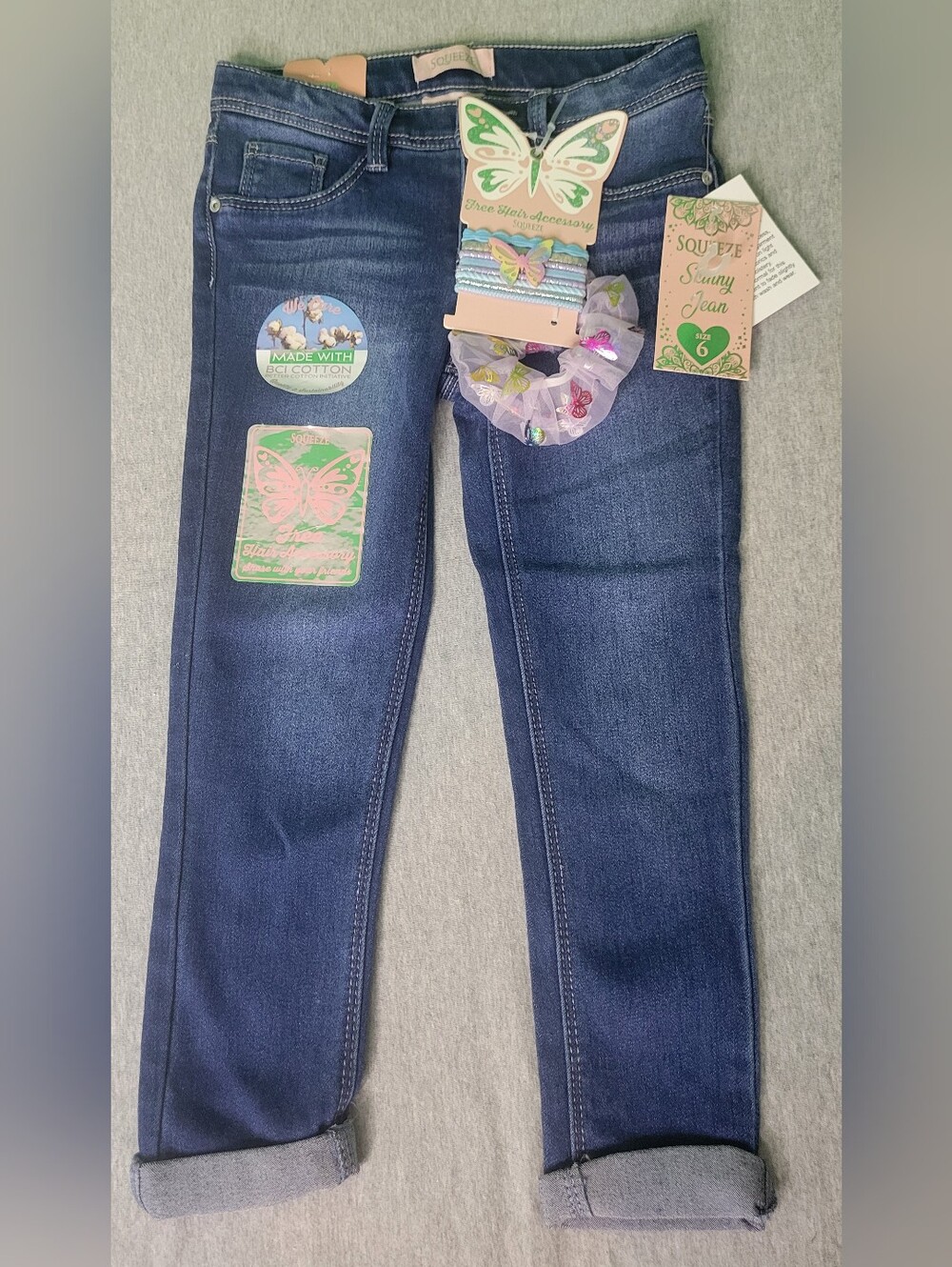 Nwt Squeeze Dark Blue Skinny Jeans Girl Size 6 Butterfly Accessory Hair Ties